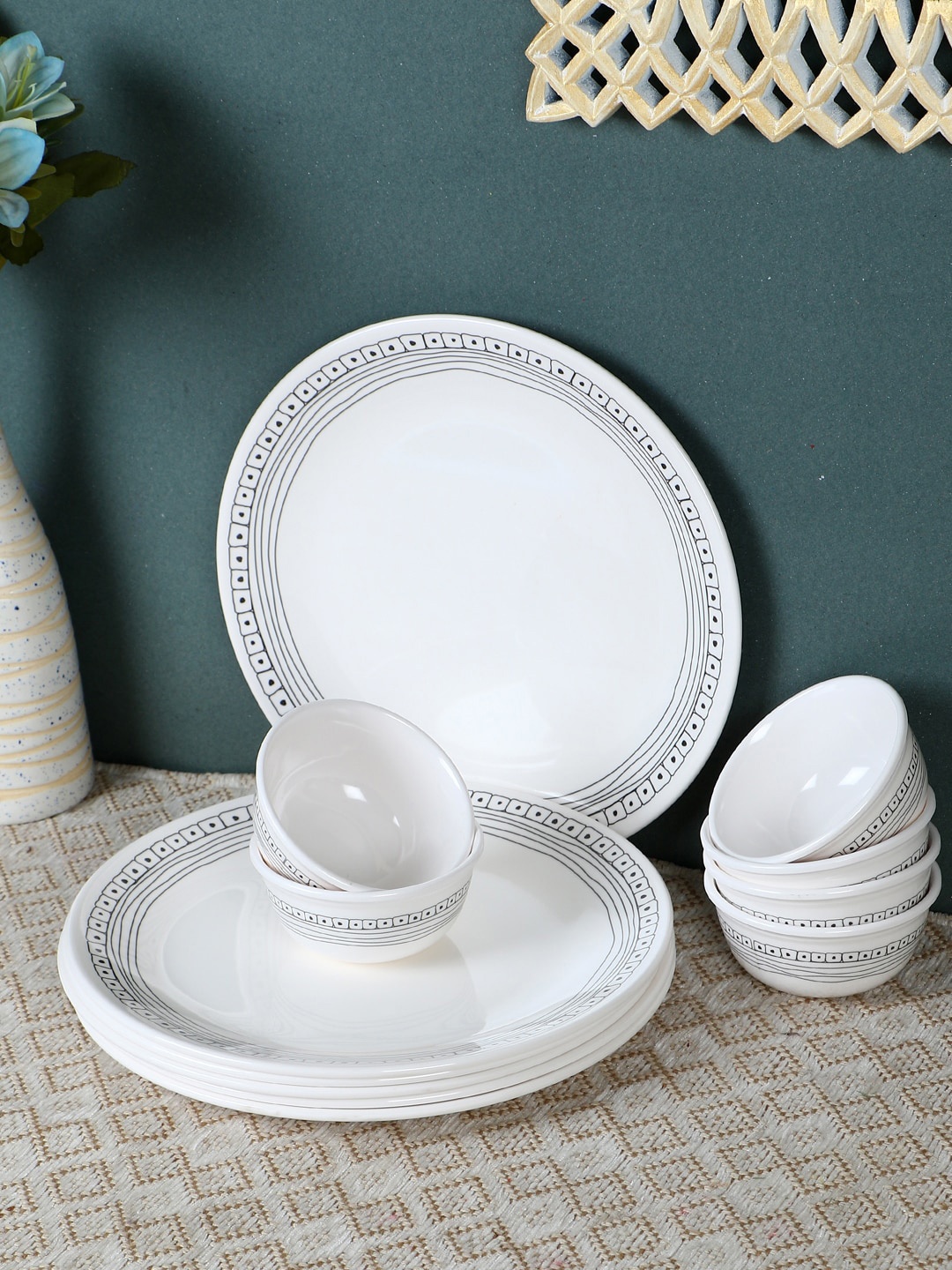 

Servewell Unisex White Printed Pack of 12 Urmi Dinner Set