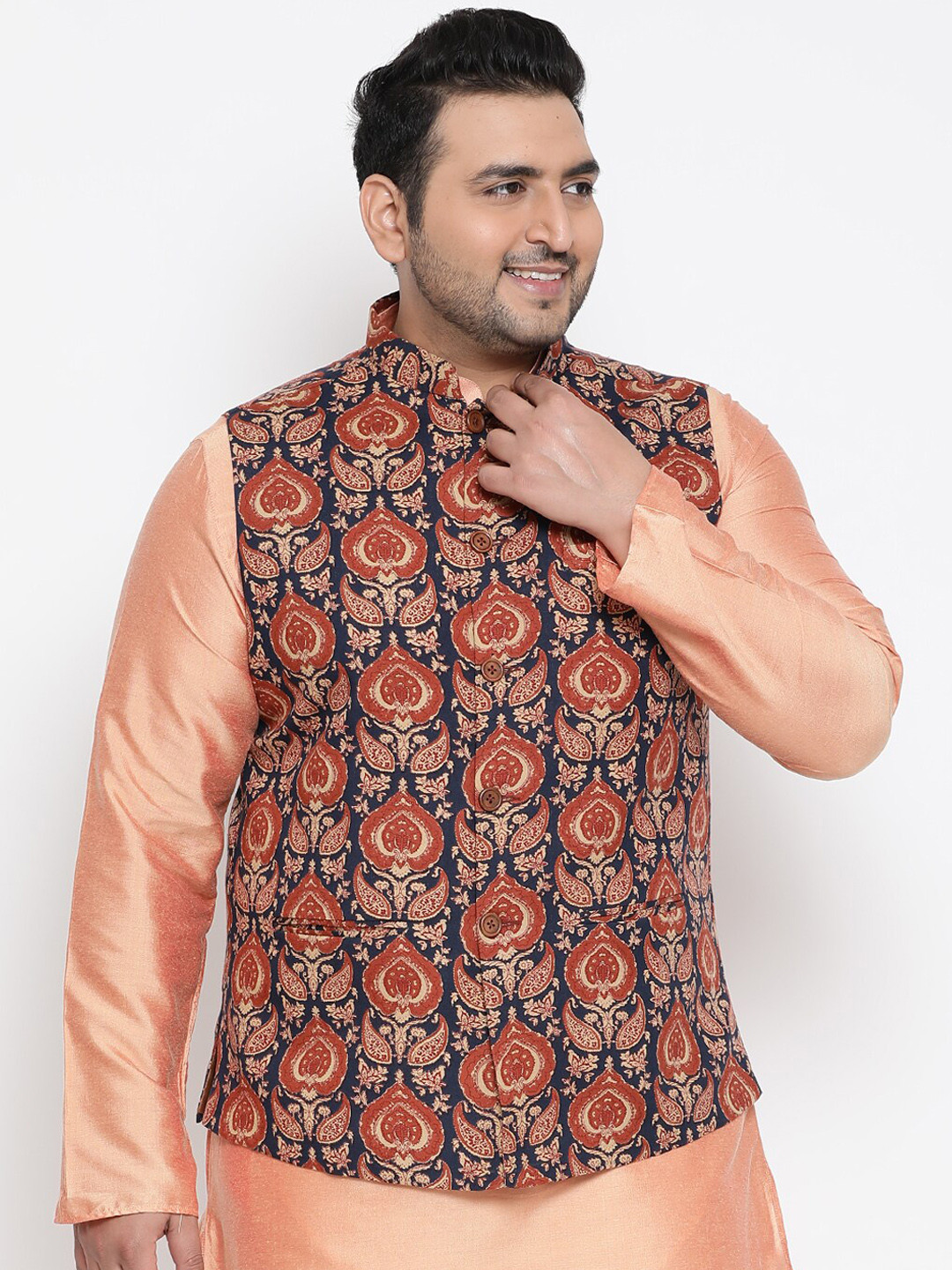 

KISAH PLUS Men Navy Blue & Beige Printed Woven Nehru Jacket