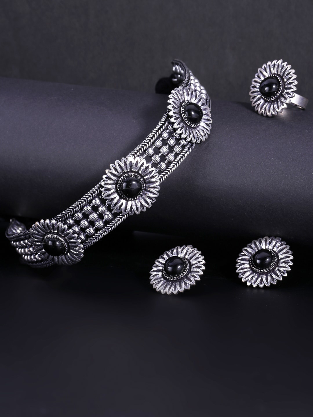 Yellow Chimes Oxidised Brass-Plated Silver-Toned & Black Stone-Studded Jewellery Set