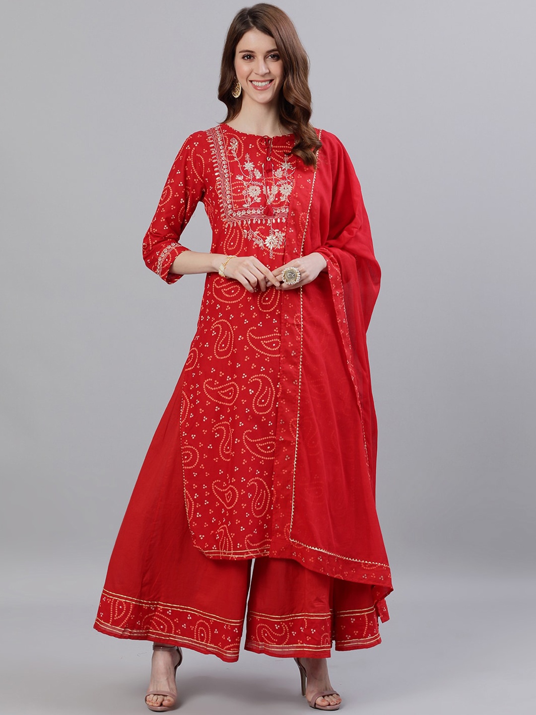

Ishin Women Red Yoke Design Kurta with Palazzos & Dupatta