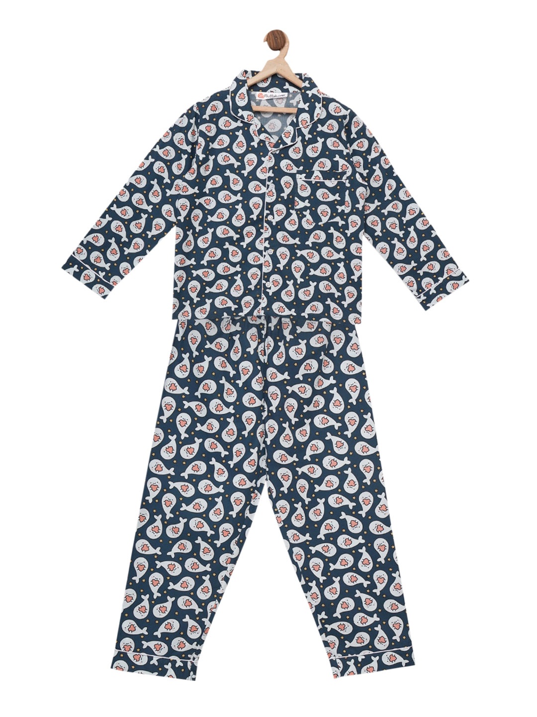 

Fluffalump Kids Navy Blue & Grey Printed Night Suit