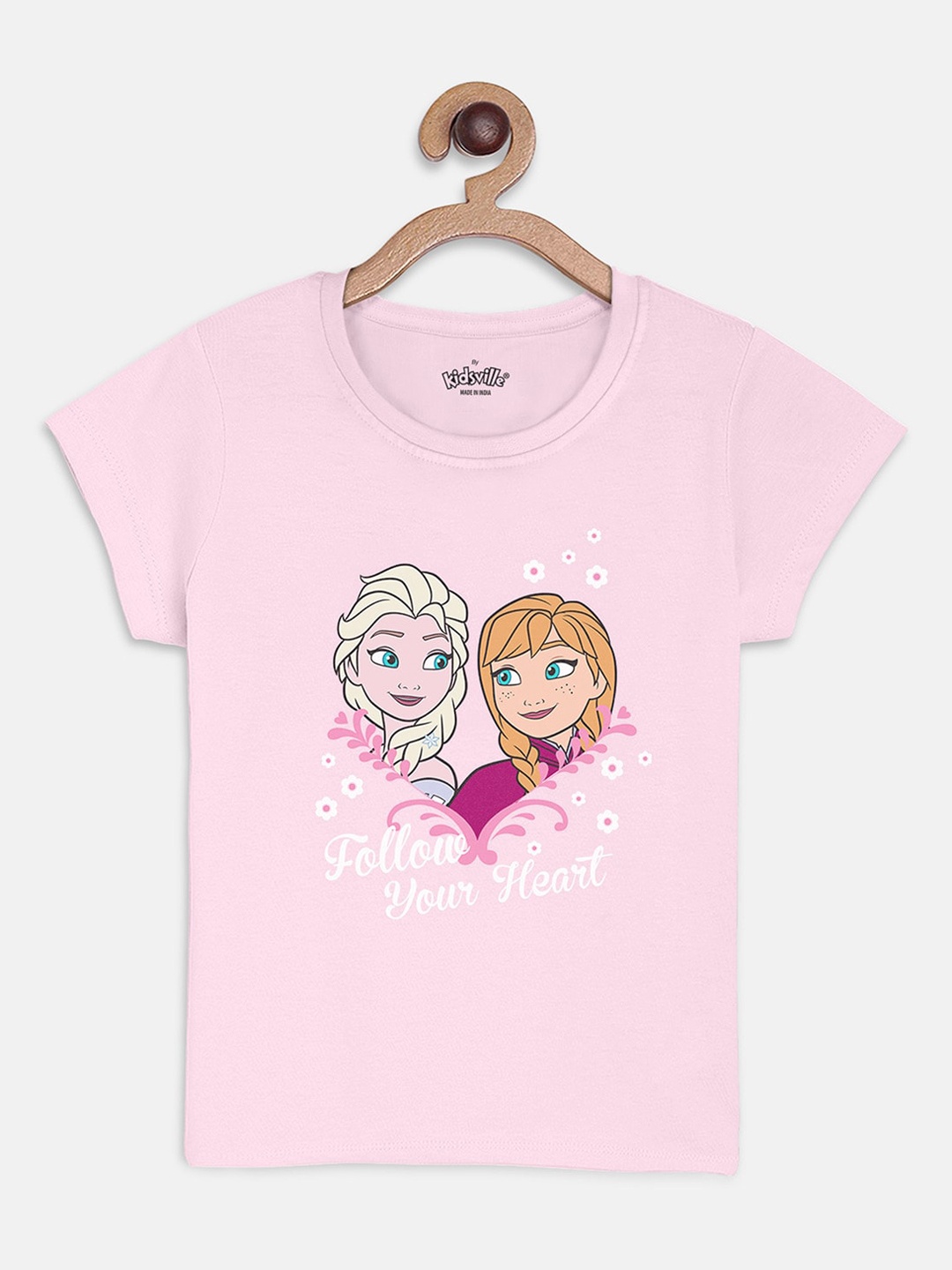 

Kids Ville Girls Pink Frozen Printed Round Neck Pure Cotton T-shirt