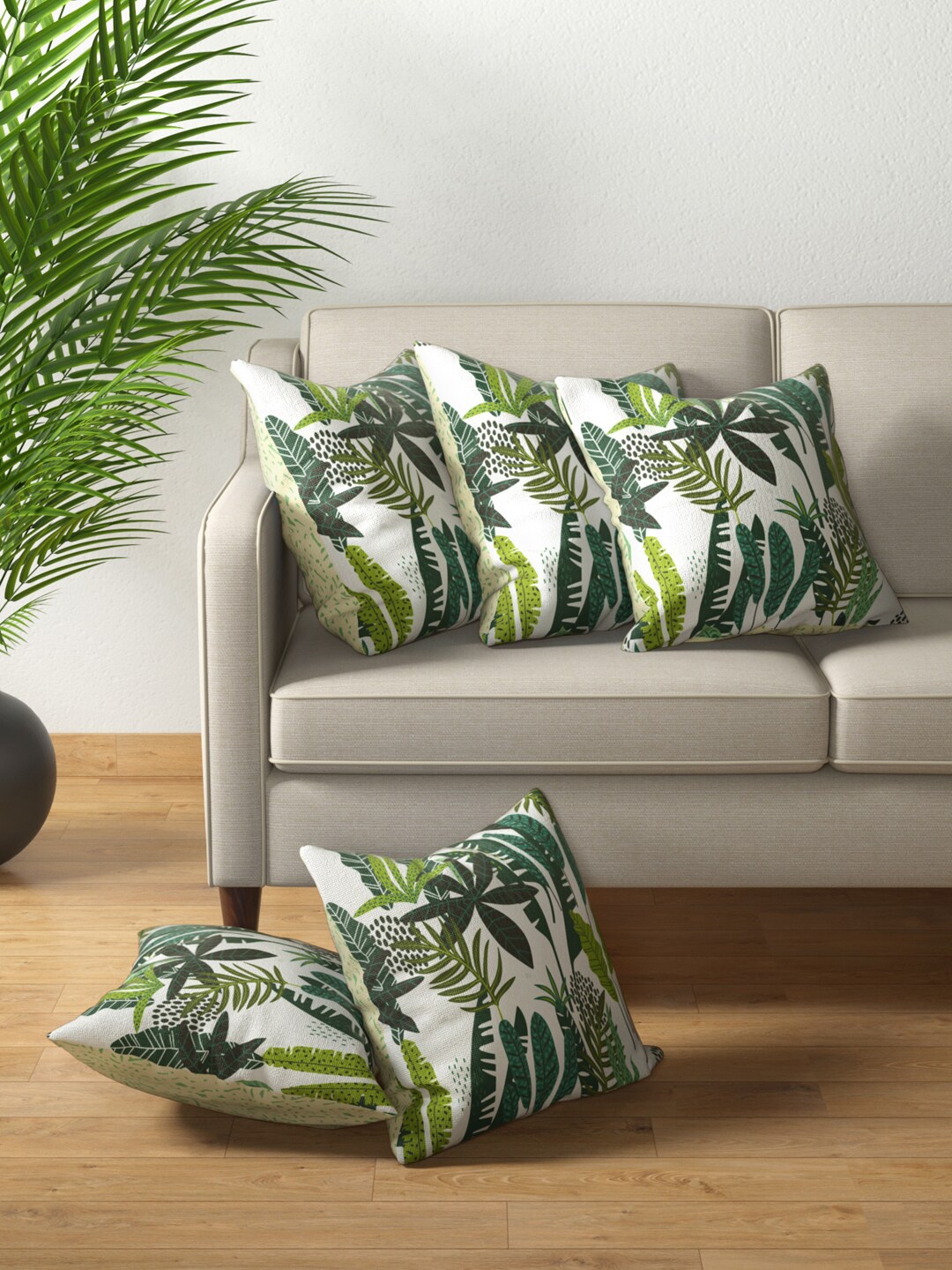 

PETAL HOME White & Green Set of 5 Floral Square Cushion Covers