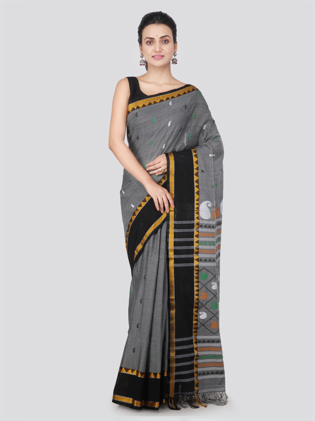 

PinkLoom Grey Pure Cotton Woven Design Handloom Sustainable Saree
