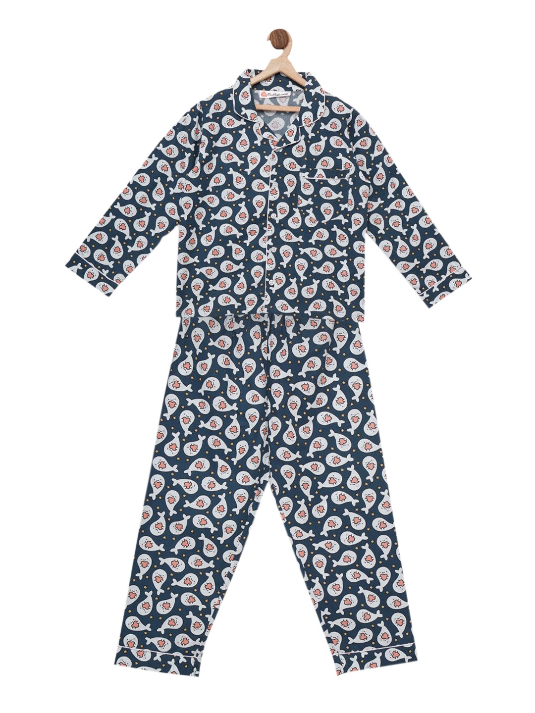 

Fluffalump Unisex Kids Navy Blue & White Printed Night Suit