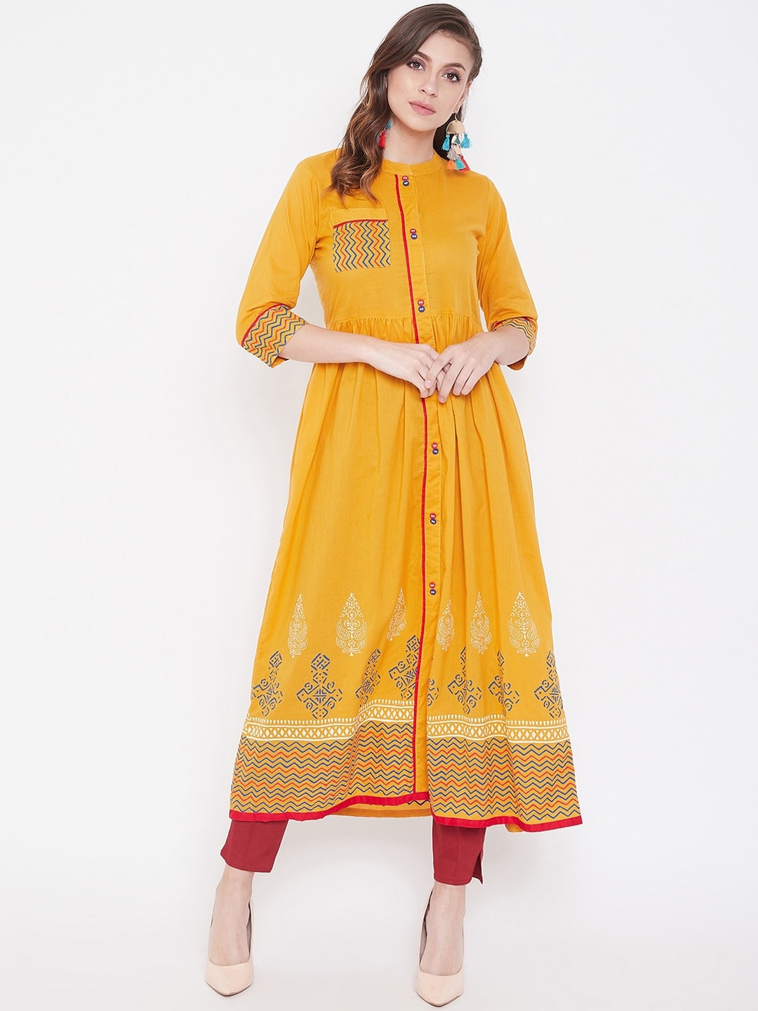 WineRed Women Yellow Block Printed Cotton Flared Kurta
