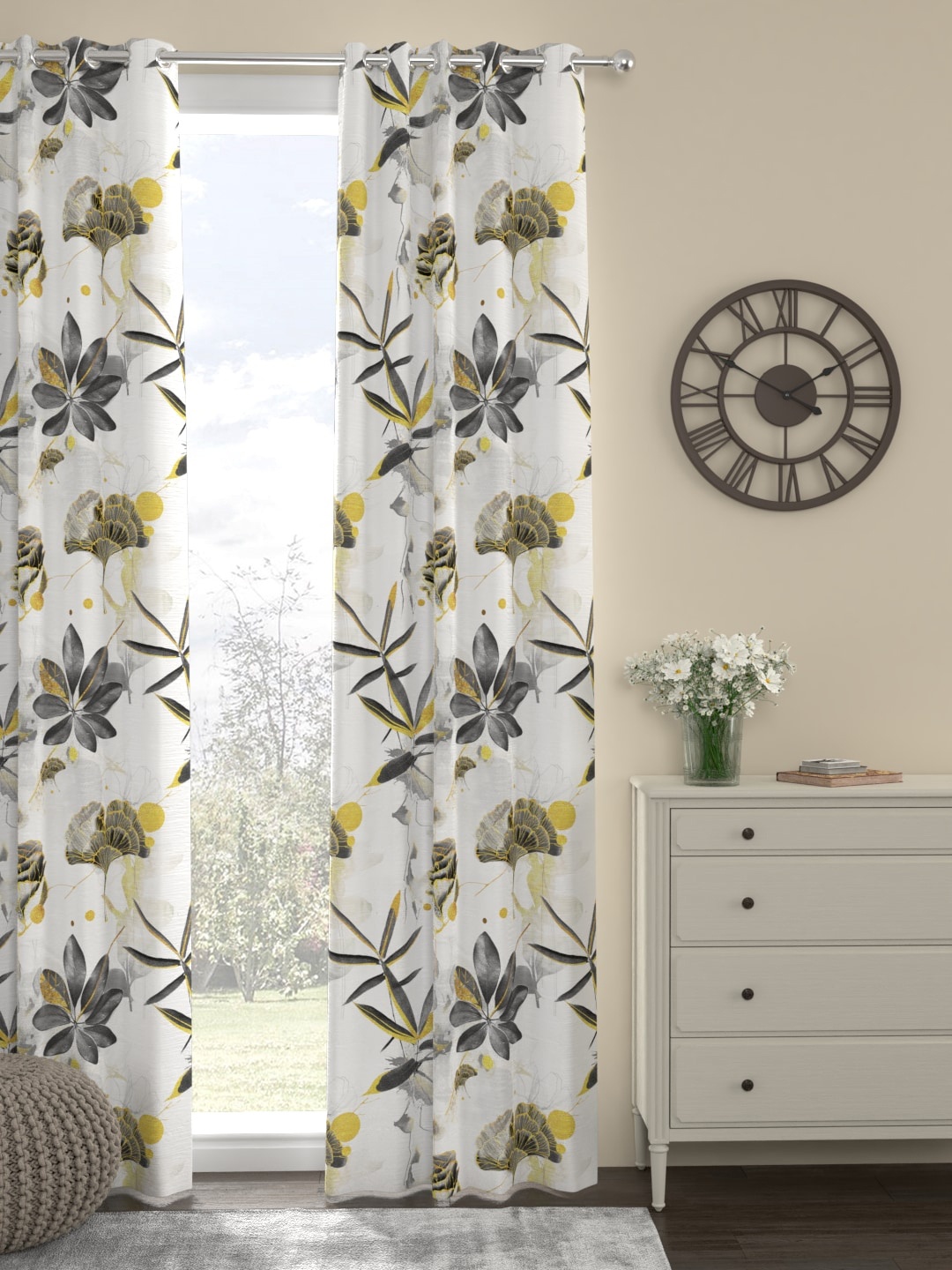 

ROSARA HOME White & Grey Floral Print Voile Chenille Single Door Curtain