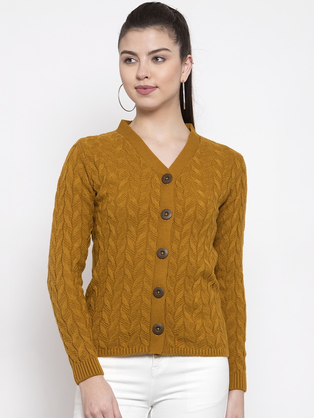 

Kalt Women Mustard Yellow Self Design Cardigan Sweater