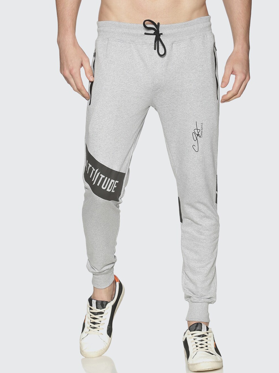 

ATTIITUDE Men Grey & Black Printed Slim-Fit Joggers