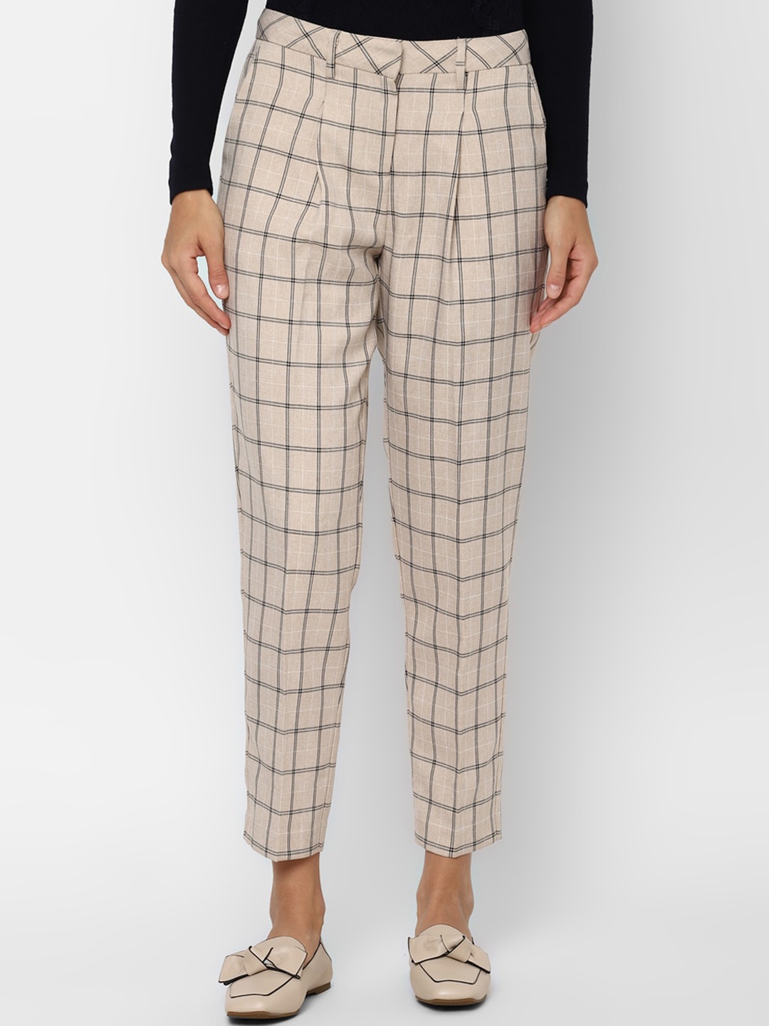 

Allen Solly Woman Beige Slim Fit Checked Cropped Peg Trousers