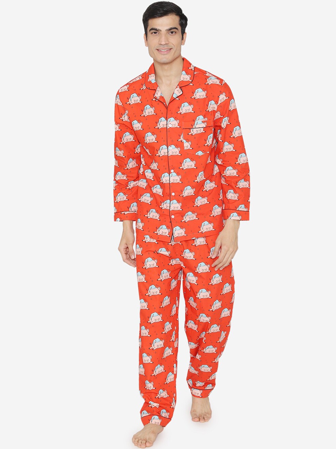

Fluffalump Men Orange & Blue Printed Night Suit