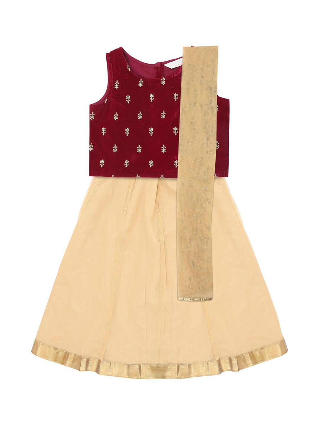 

AKKRITI BY PANTALOONS Girls Maroon & Cream-Coloured Embroidered Ready to Wear Lehenga & Blouse with Dupatta