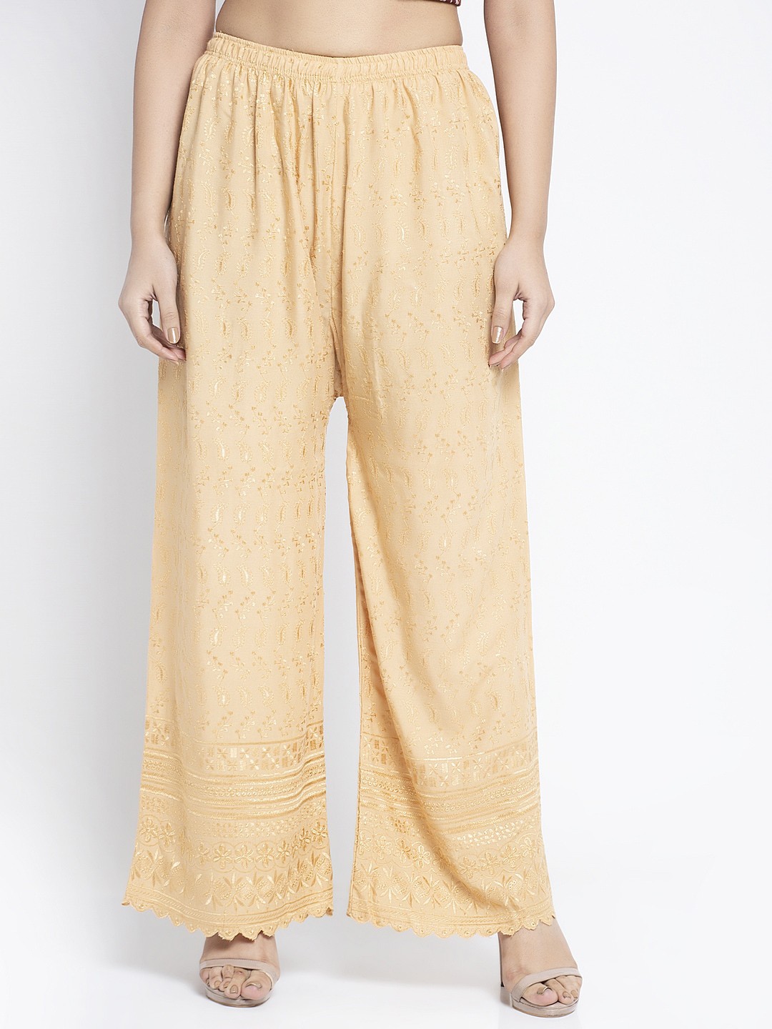 

GRACIT Women Beige Embroidered Cotton Flared Palazzos