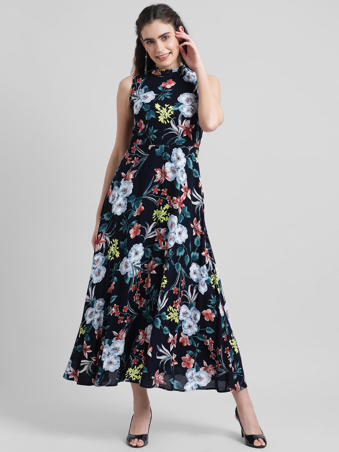 

Zink London Women Navy Blue Printed Maxi Dress