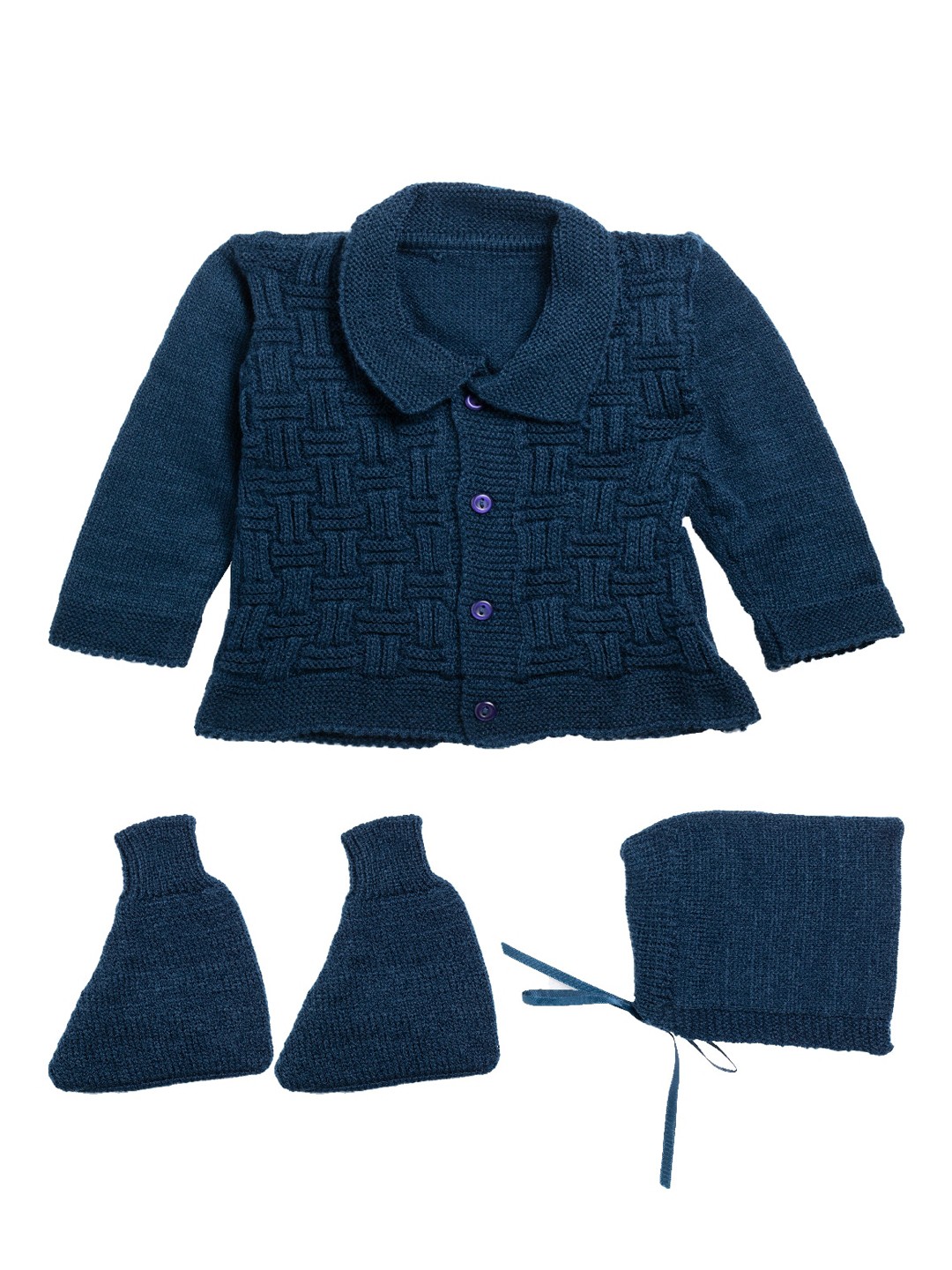 

Little Angels Unisex Kids Navy Blue Self Design Cardigan With Matching Beanie And Socks