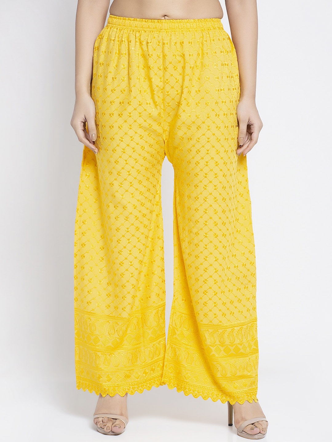 

GRACIT Women Yellow Embroidered Cotton Flared Palazzos