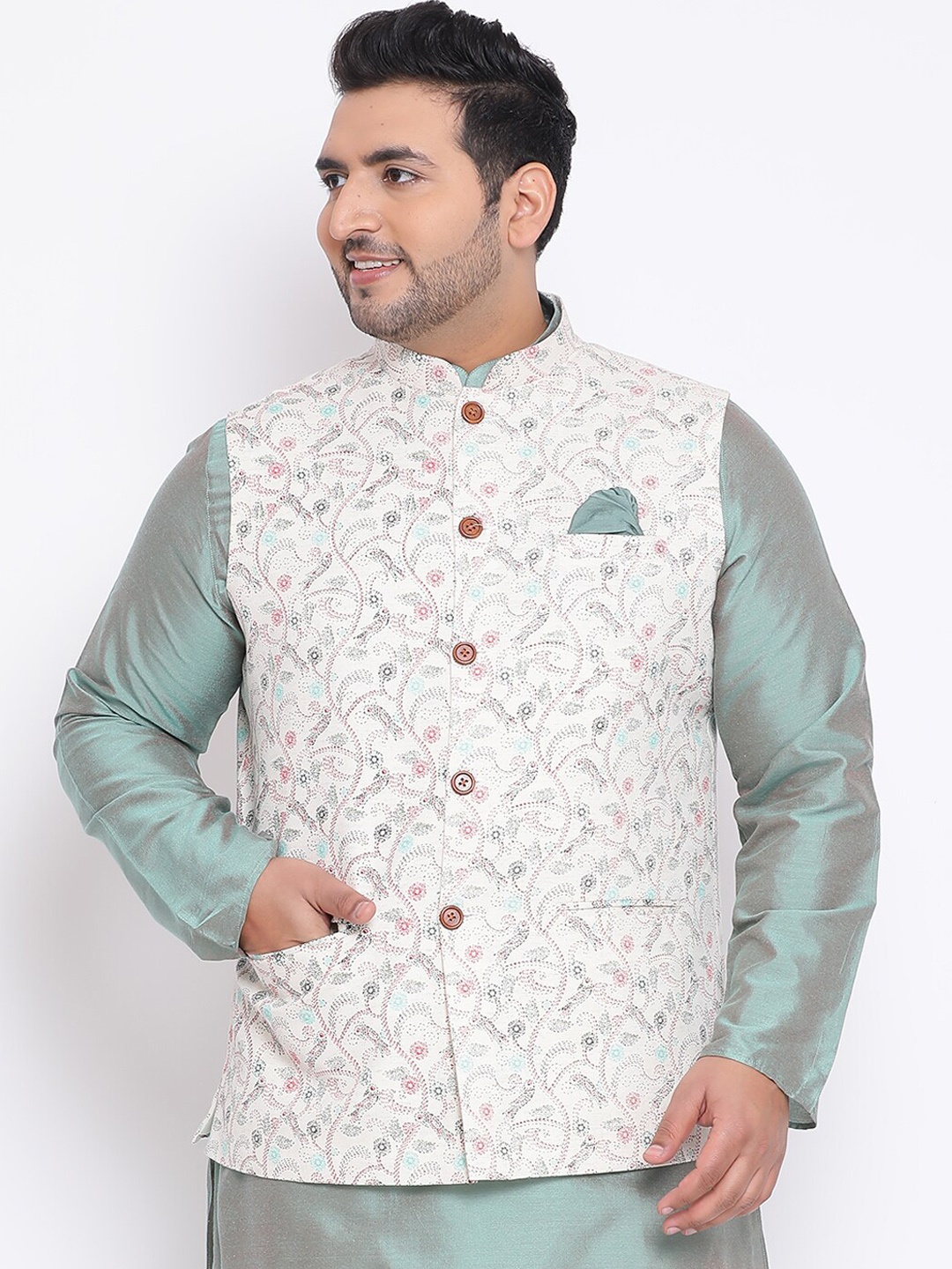 

KISAH Men Kantha Printed Regular Fit Nehru Jacket, White