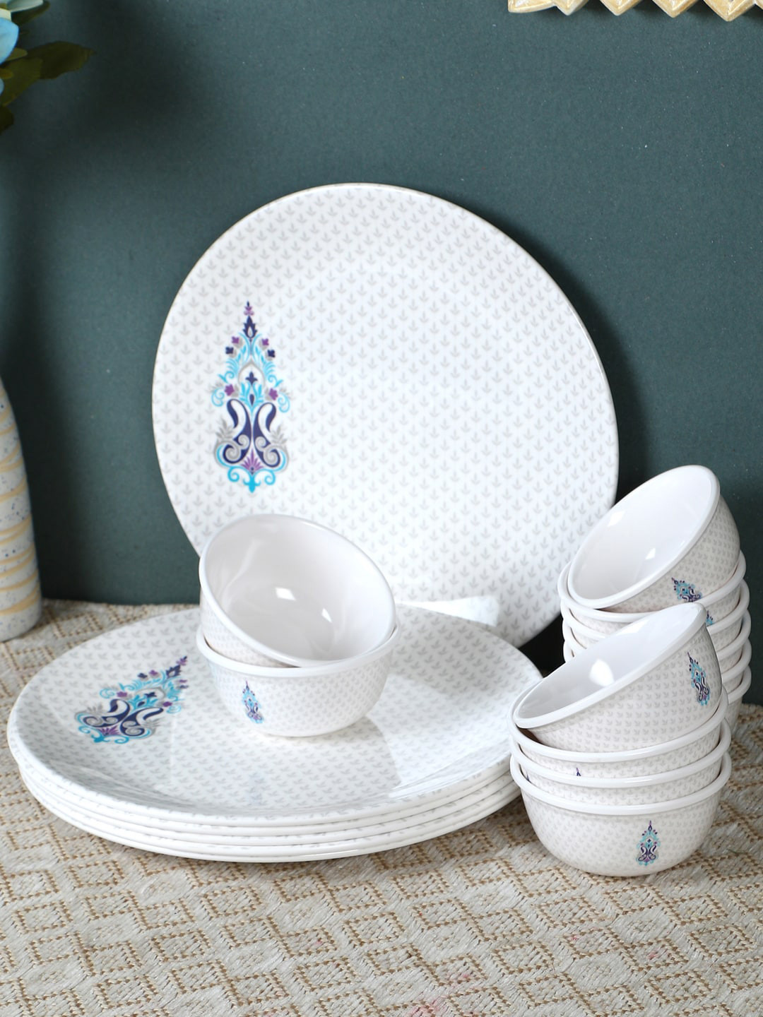 

Servewell White & Blue Printed Set of 18 Urmi Dinner Set
