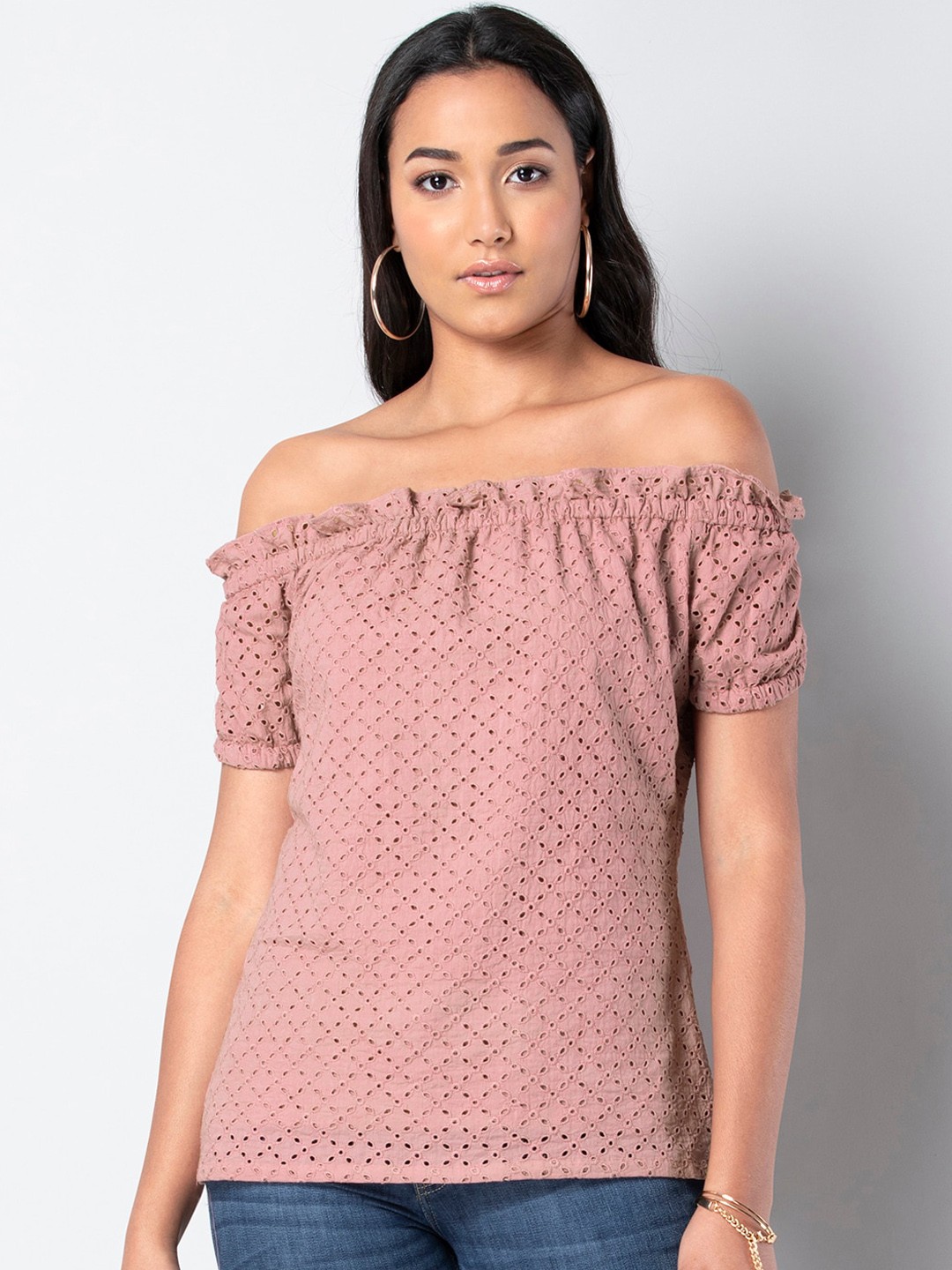 

FabAlley Women Pink Printed Bardot Top