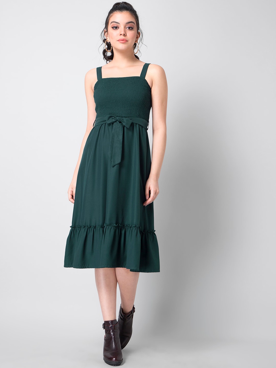 

FabAlley Women Green Solid Fit and Flare Dress