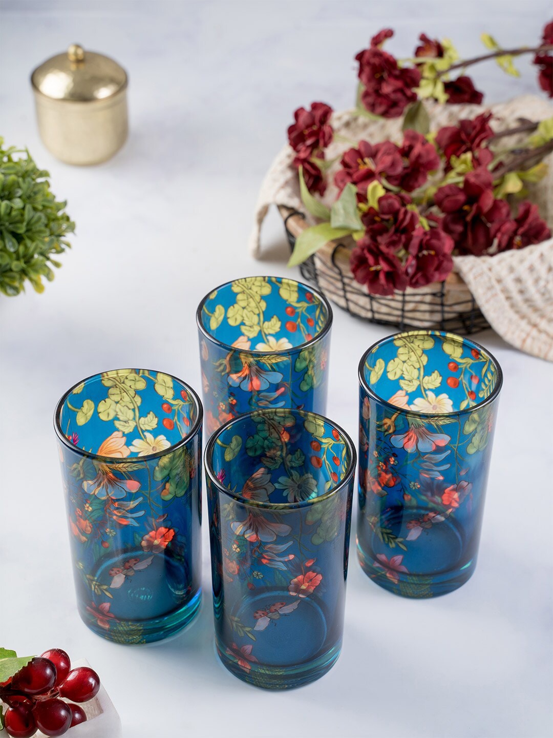 

KOLOROBIA Set Of 4 Blue & Orange Floral Bliss Printed Glass Tumblers
