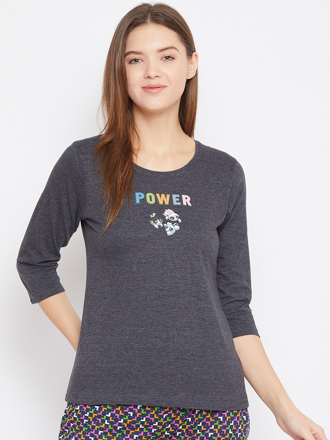 

Clovia Women Charcoal Grey Printed Lounge T-shirt with Head Band