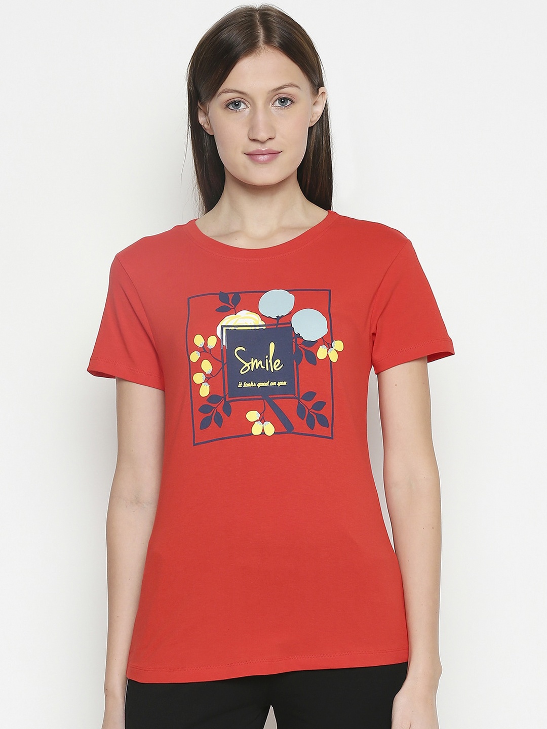 

XIN Women Red Printed Round Neck T-shirt