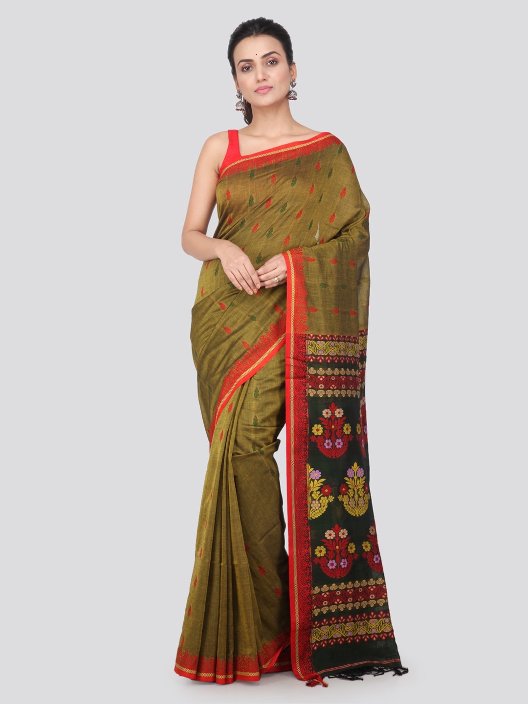 

PinkLoom Green & Red Pure Cotton Woven Design Handloom Sustainable Saree