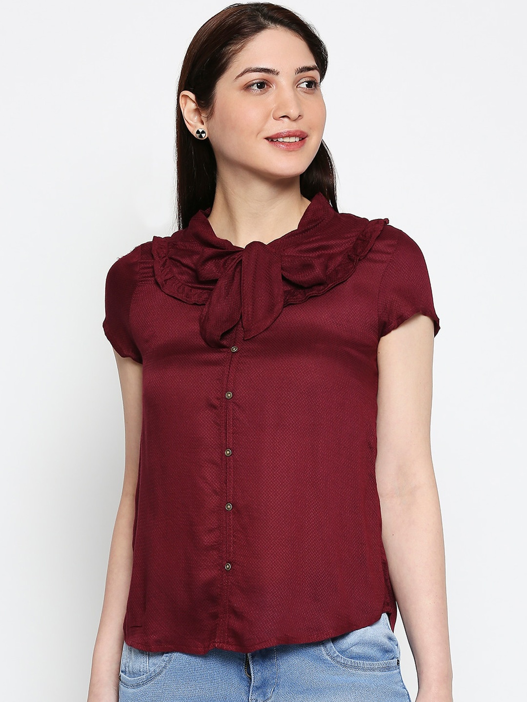 

People Women Maroon Solid Shirt Style Top