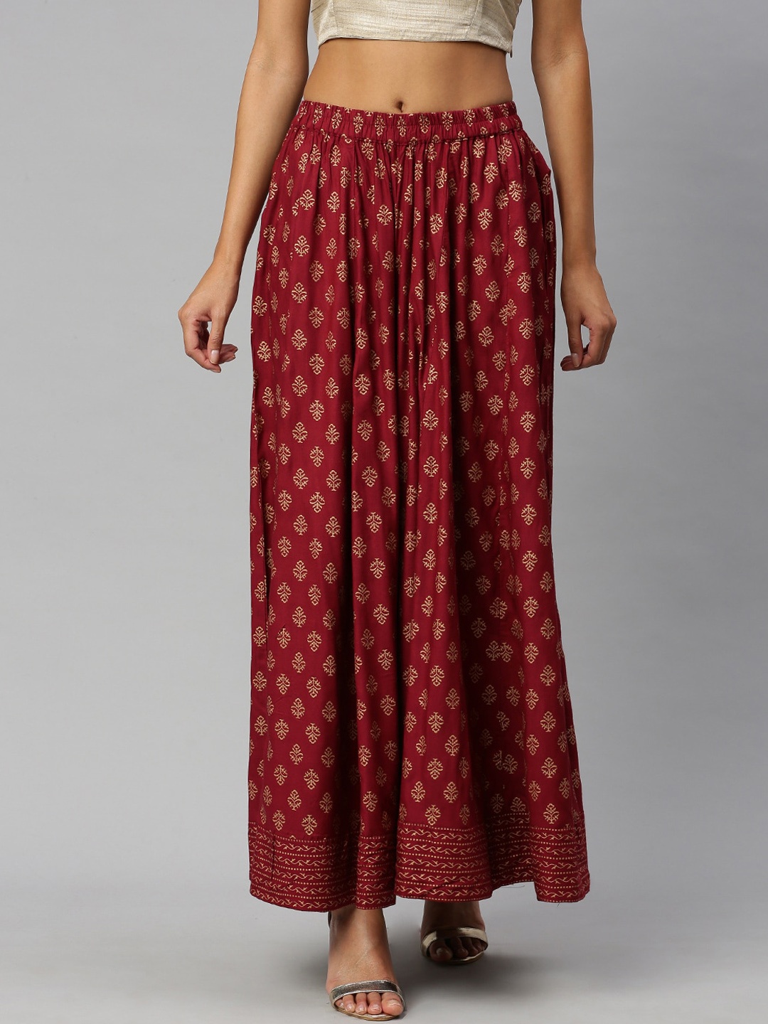 

Soch Women Maroon & Beige Printed Flared Palazzos