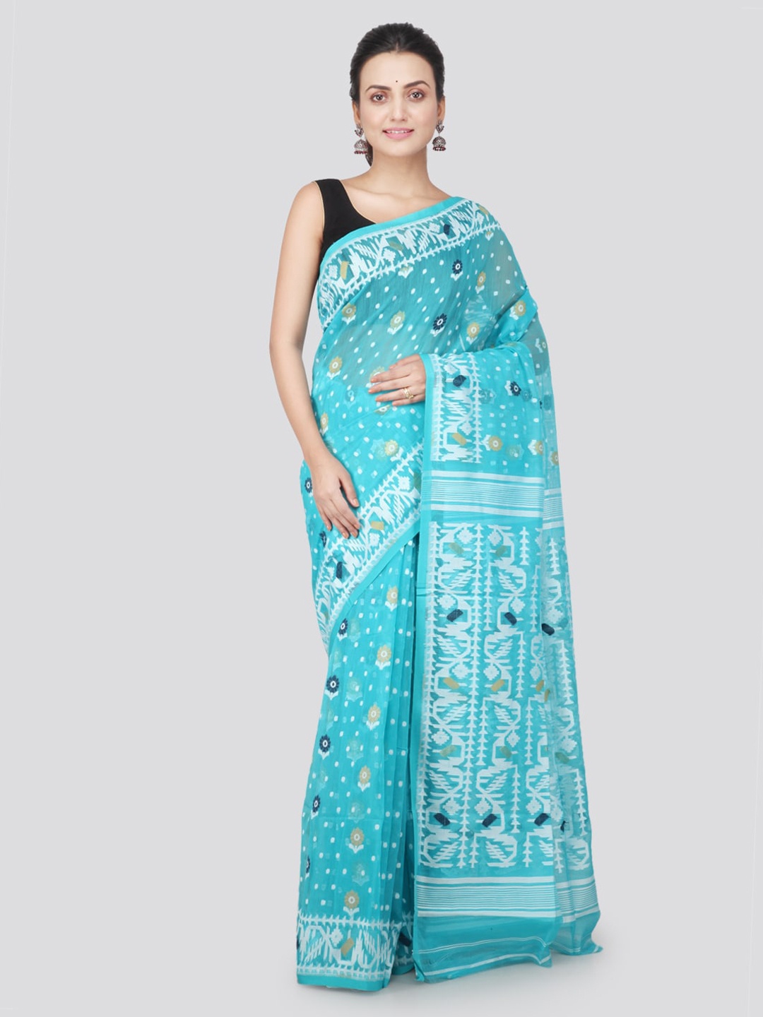 

PinkLoom Turquoise Blue Woven Design Jamdani Sustainable Saree