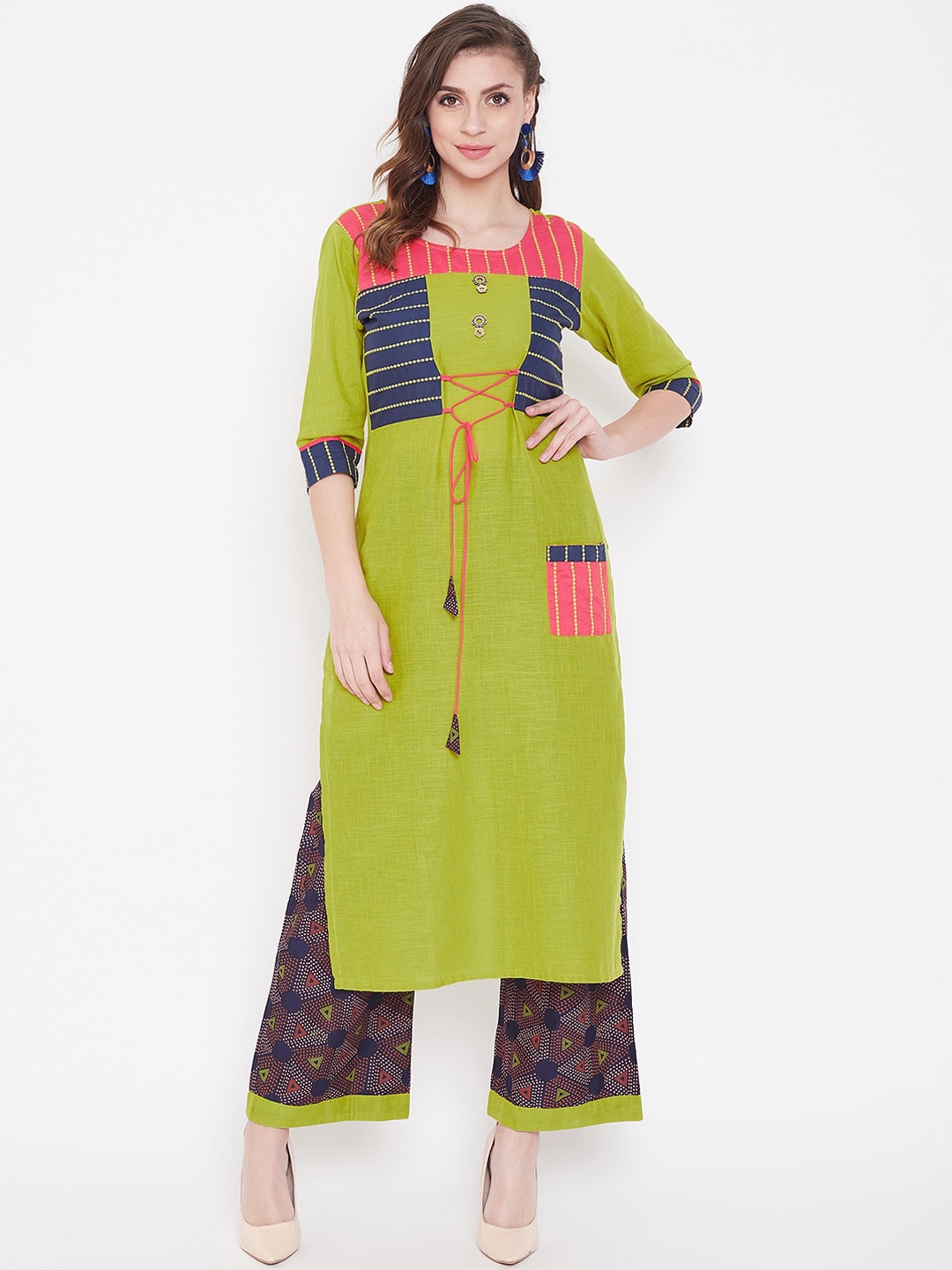 

WineRed Women Green Embroidered Cotton Kurta with Palazzos