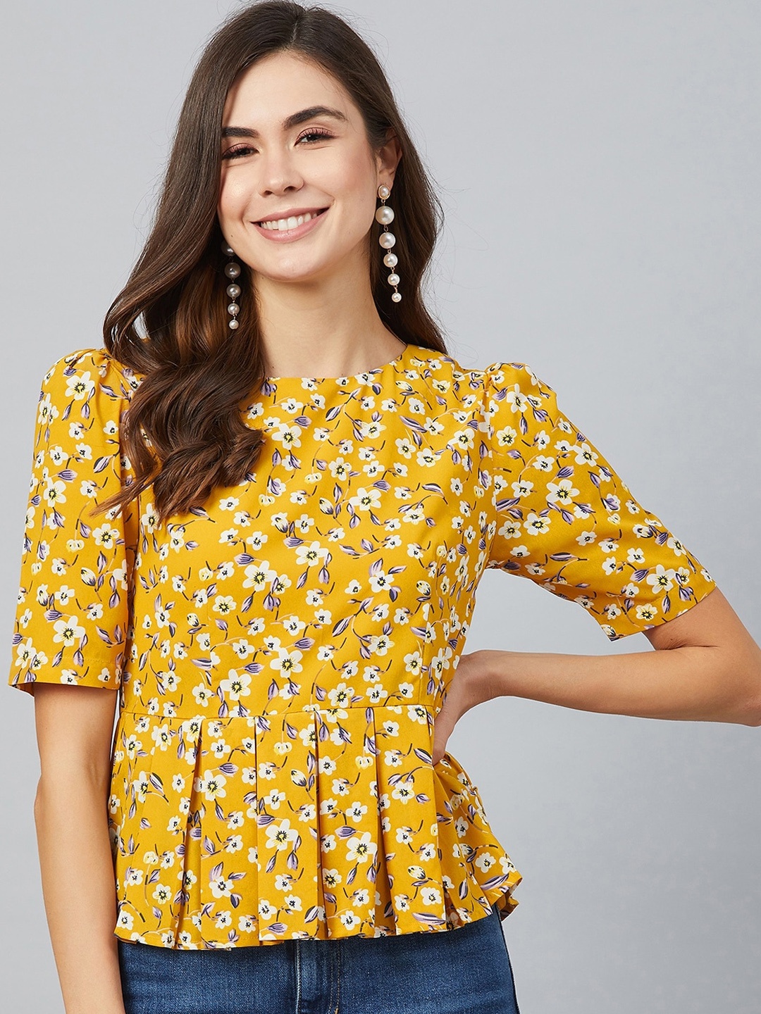 Marie Claire Women Mustard Printed Peplum Top