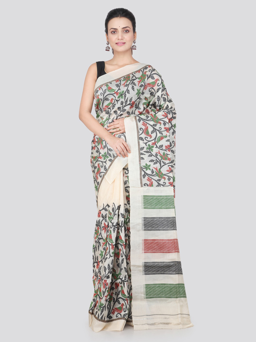 

PinkLoom Beige & Grey Cotton Blend Woven Design Handloom Jamdani Sustainable Saree