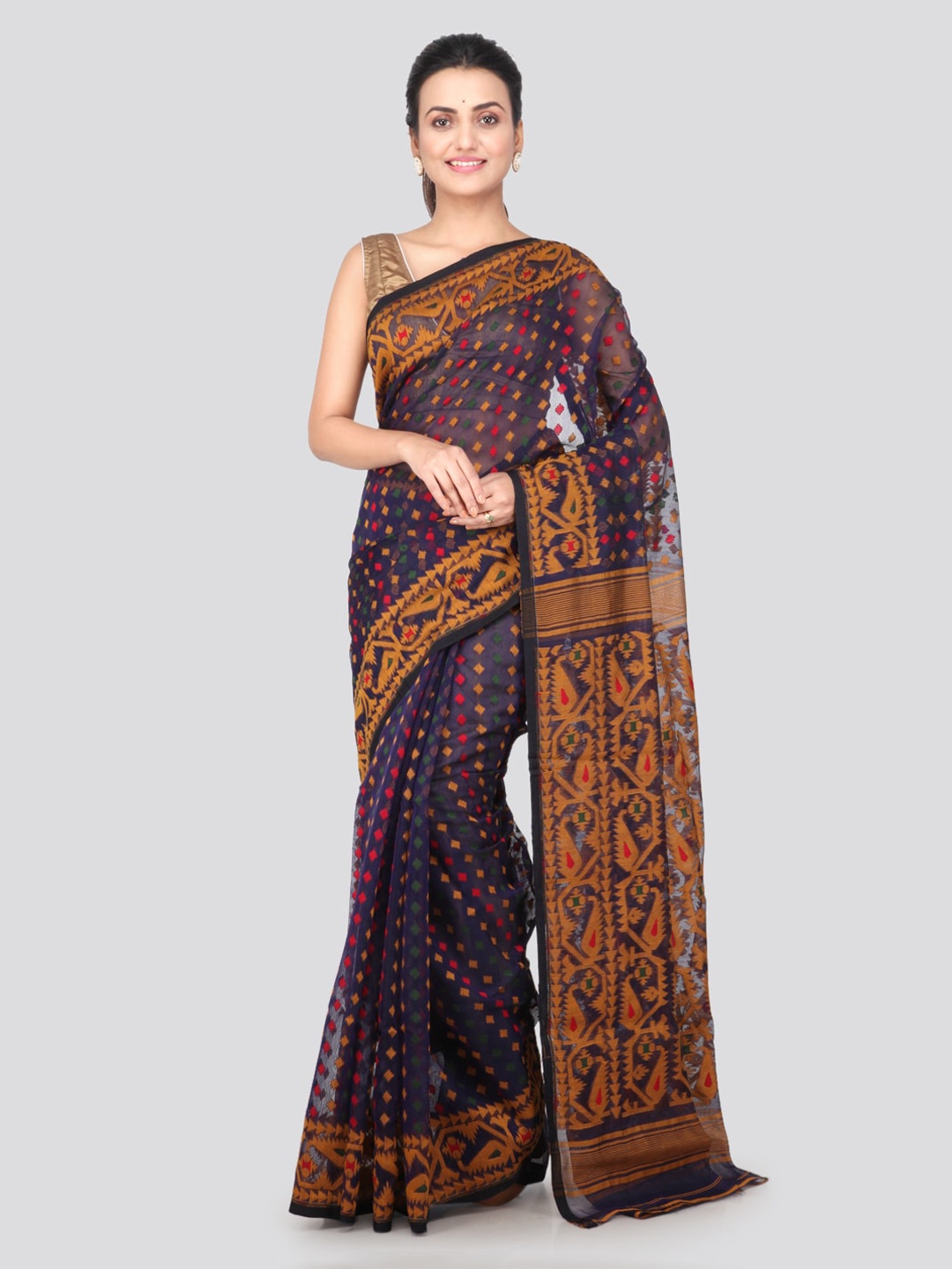 

PinkLoom Blue & Brown Pure Cotton Printed Jamdani Saree