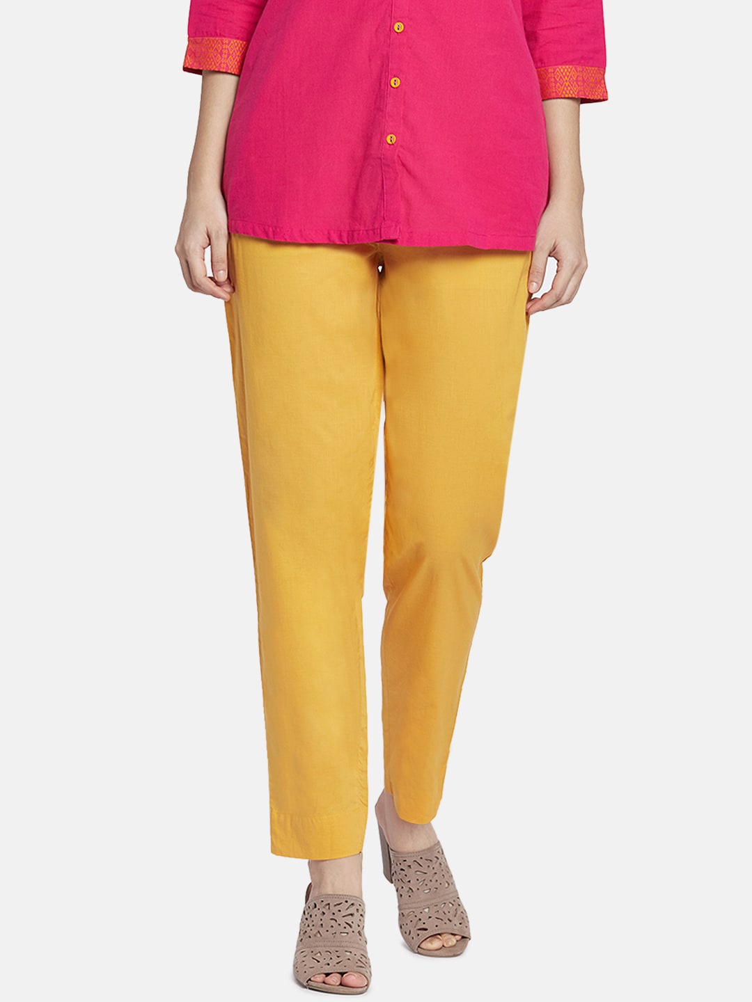 

Go Colors Women Yellow Tapered Fit Solid Cigarette Trousers
