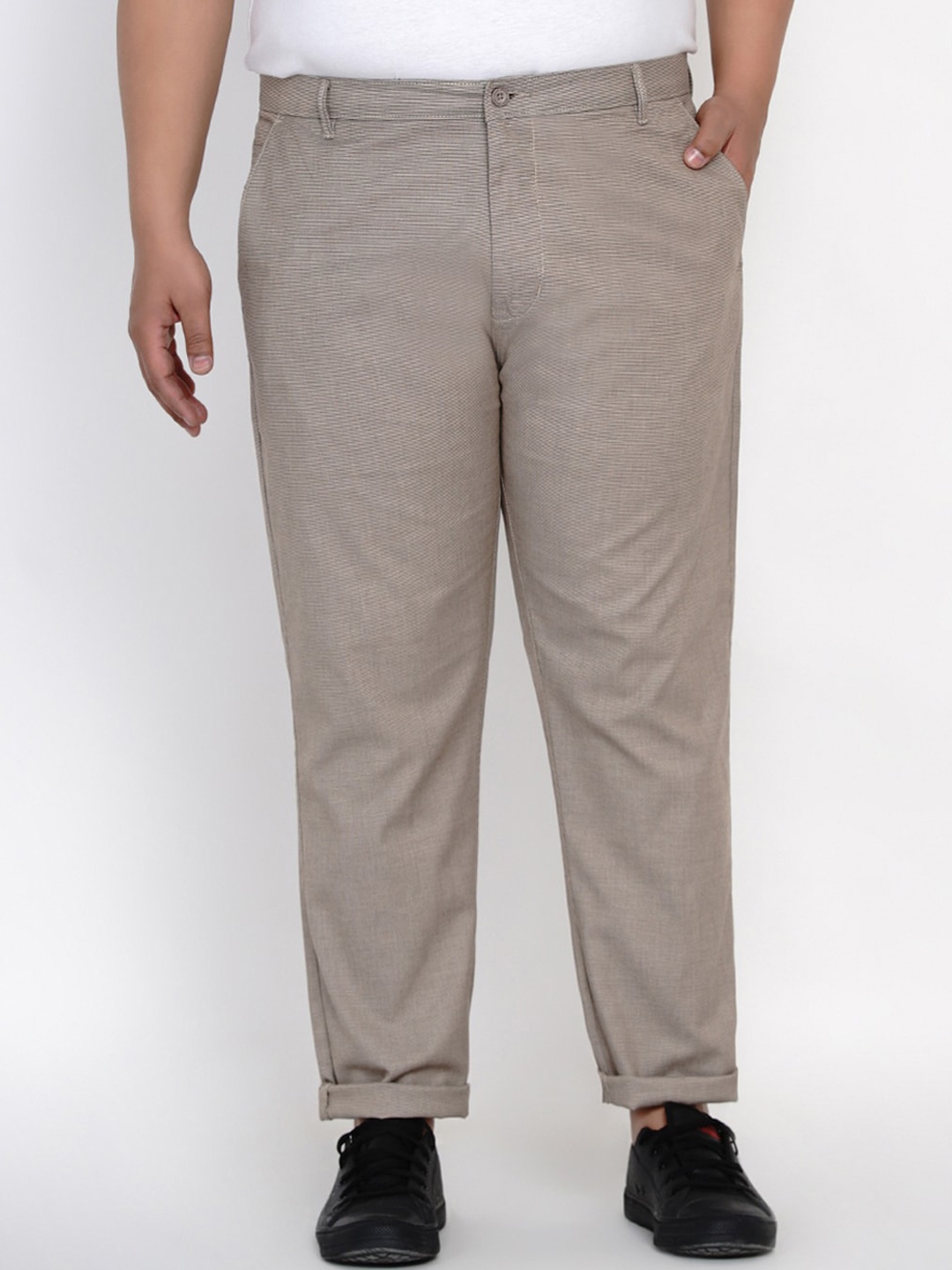 

John Pride Men Plus Size Taupe Self Design Regular Trousers
