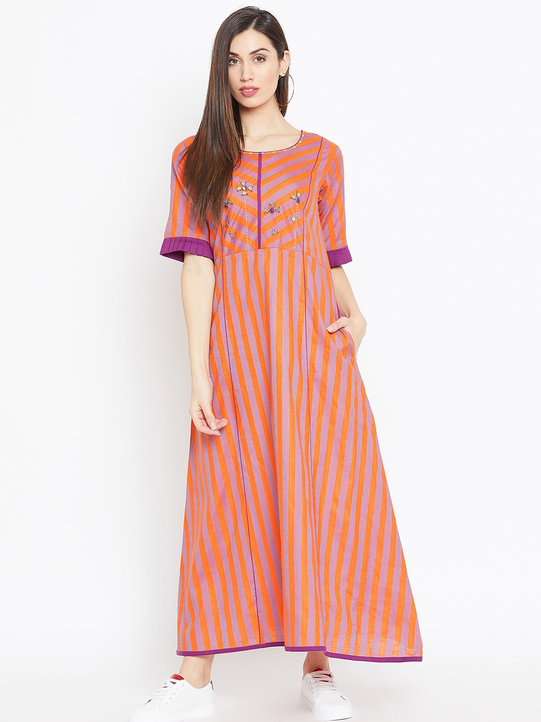 

WineRed Women Orange Striped Maxi Dress