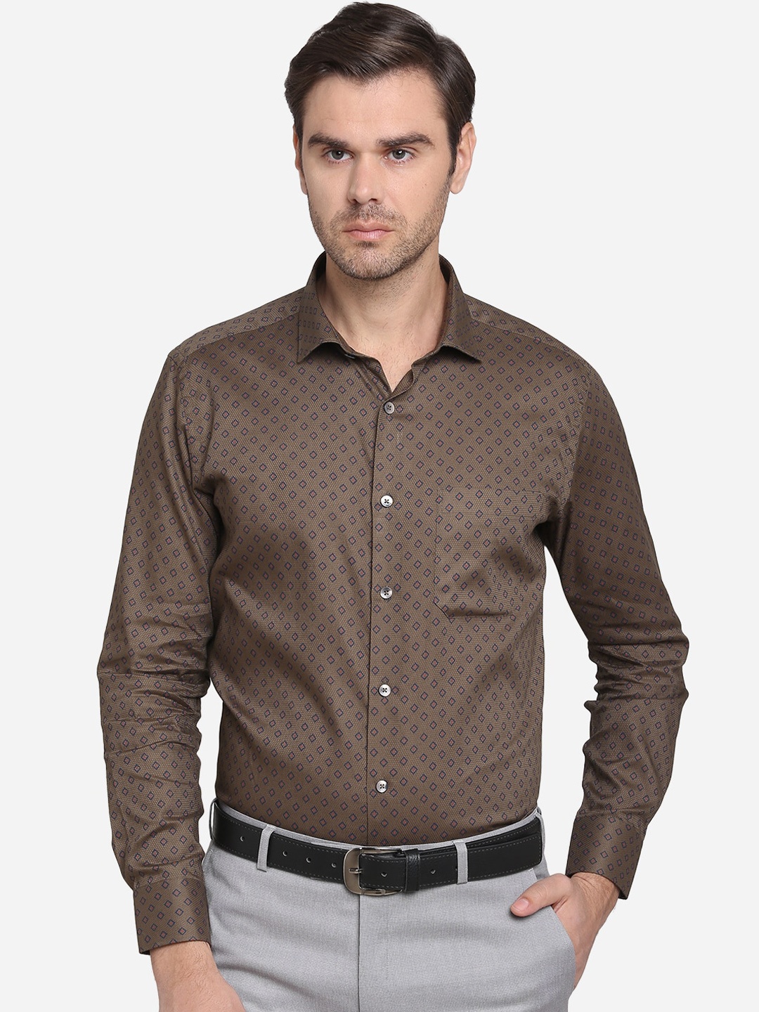 

METAL Men Brown Slim Fit Printed Formal Cotton Shirt