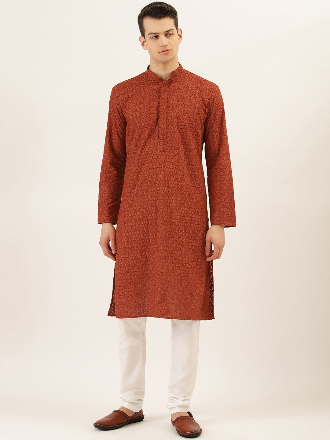 

RAJUBHAI HARGOVINDAS Men Brown Embroidered Straight Kurta