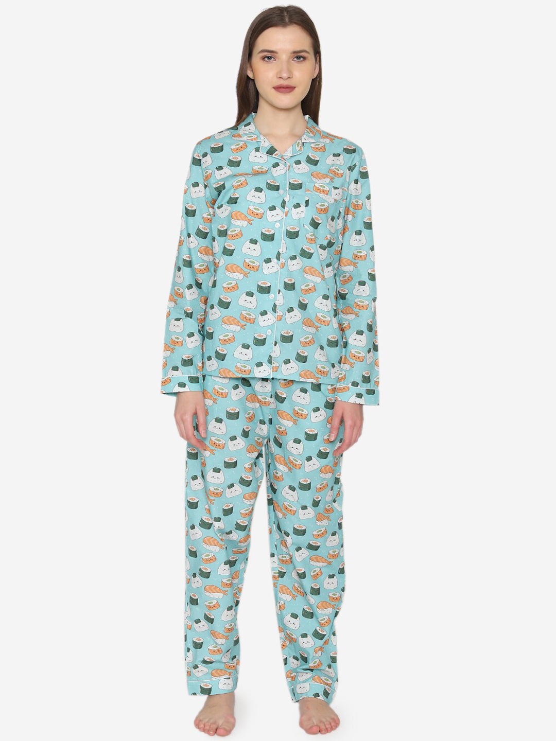 

Fluffalump Women Turquoise Blue & Orange Printed Night suit