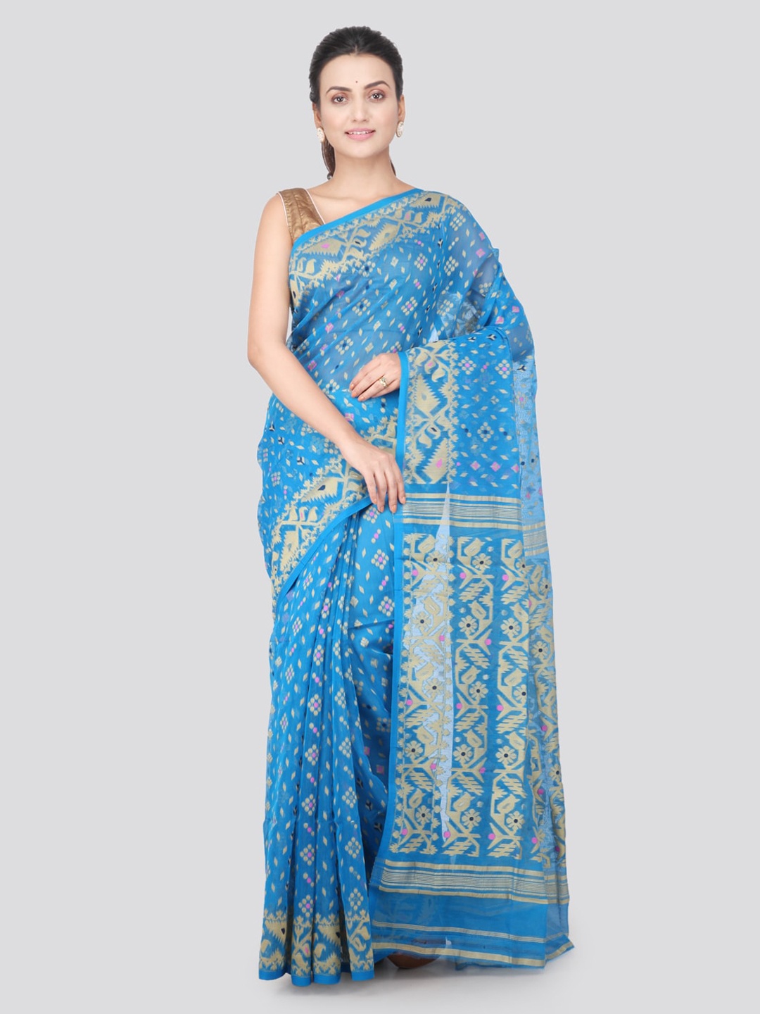 

PinkLoom Blue Pure Cotton Woven Design Handloom Jamdani Sustainable Saree