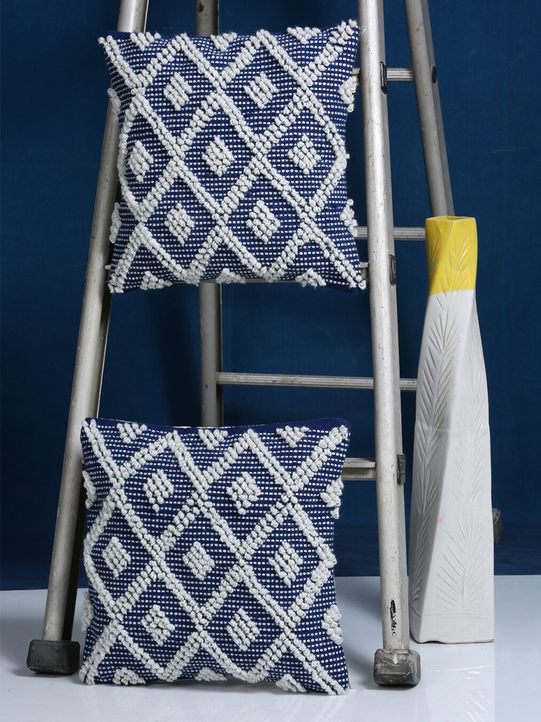 HOSTA HOMES Blue & Off-White Set of 2 Embroidered Square Woolen Cushion Covers