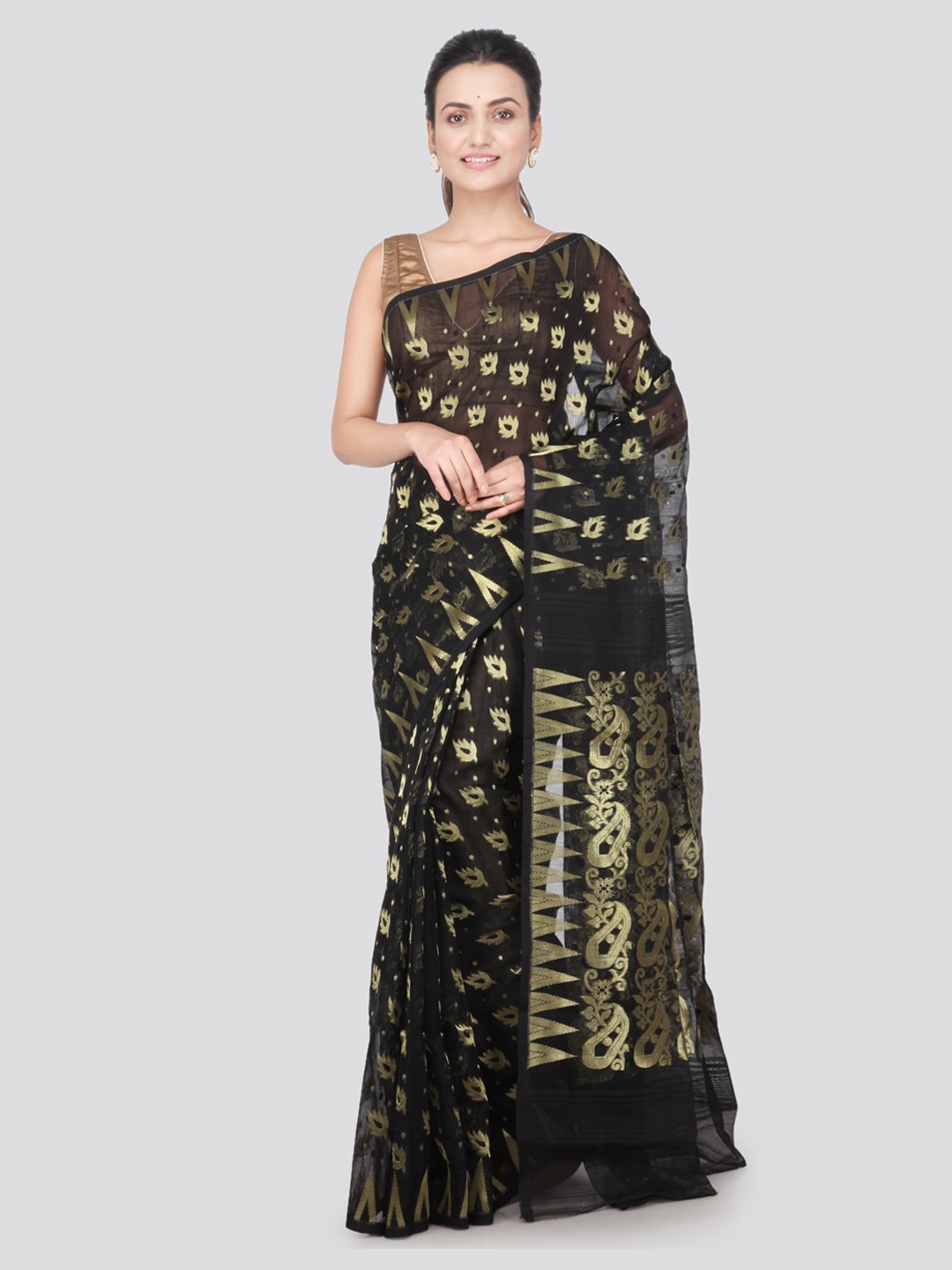 

PinkLoom Black & Gold-Toned Cotton Silk Woven Design Handloom Sustainable Saree