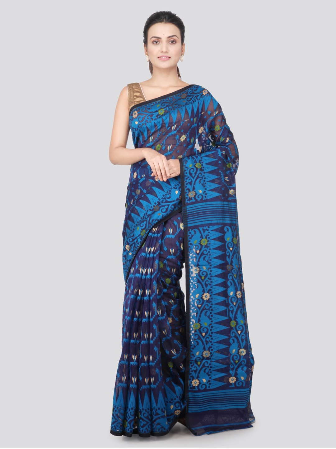 

PinkLoom Blue Pure Cotton Woven Design Handloom Jamdani Sustainable Saree