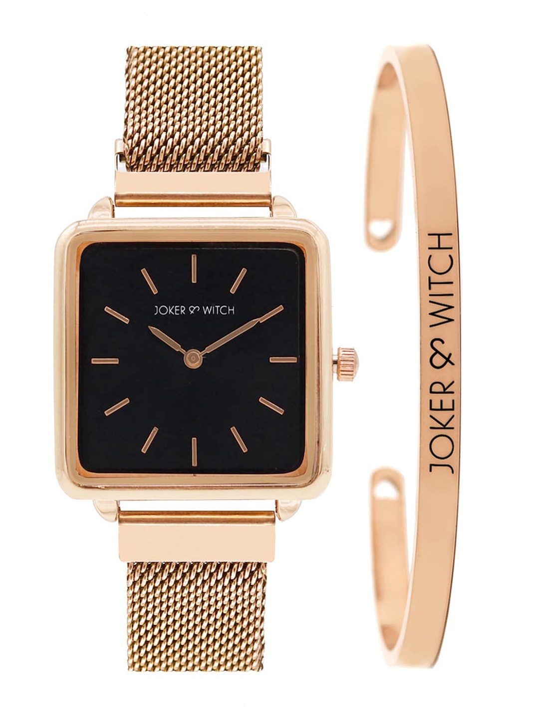 

JOKER & WITCH Women Black & Rose Gold Toned Rose Shadow Watch & Bracelet Gift Set JWBS228