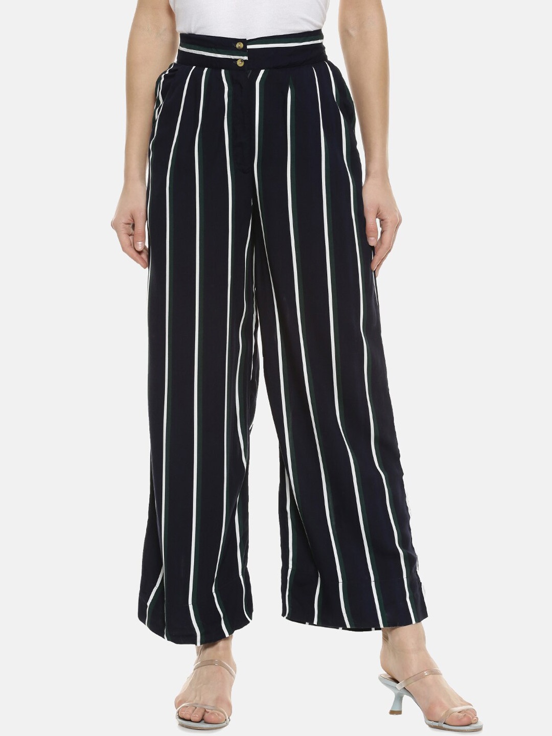 

Campus Sutra Women Navy Blue & White Flared Striped Parallel Trousers