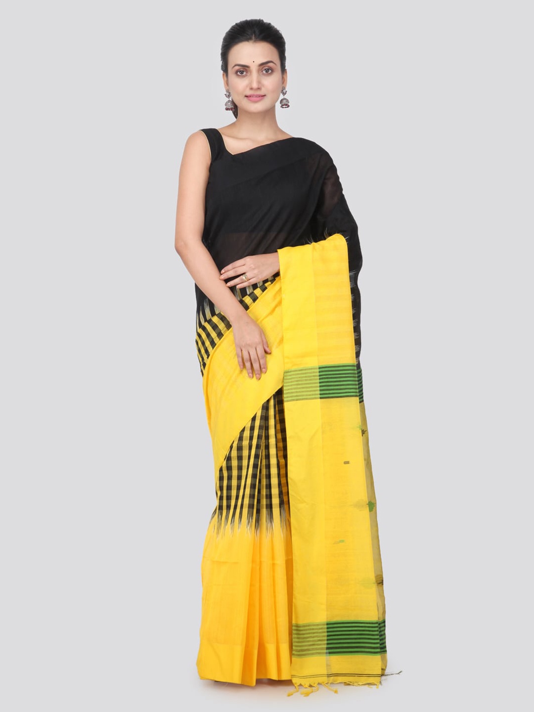 

PinkLoom Black & Yellow Cotton Silk Checked Handloom Sustainable Saree