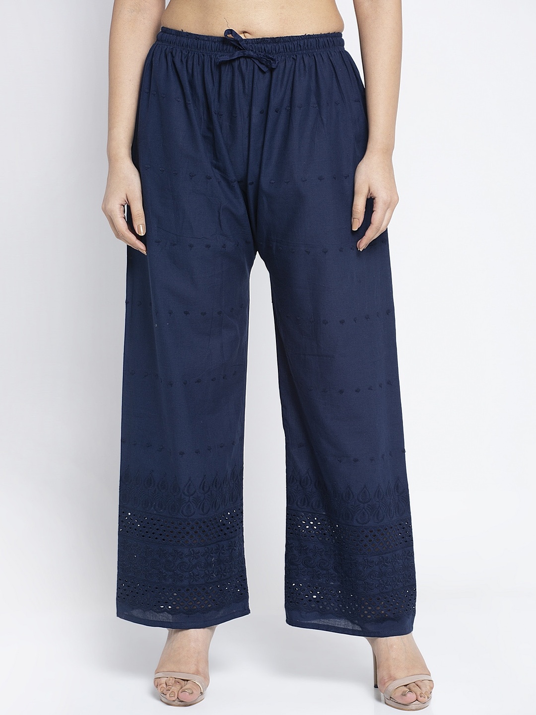 

GRACIT Women Navy Blue Embroidered Straight Palazzos