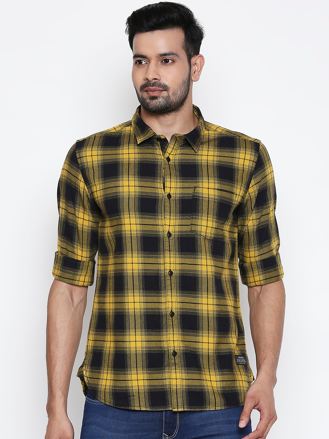 

People Men Yellow & Black Slim Fit Checked Casual Shirt